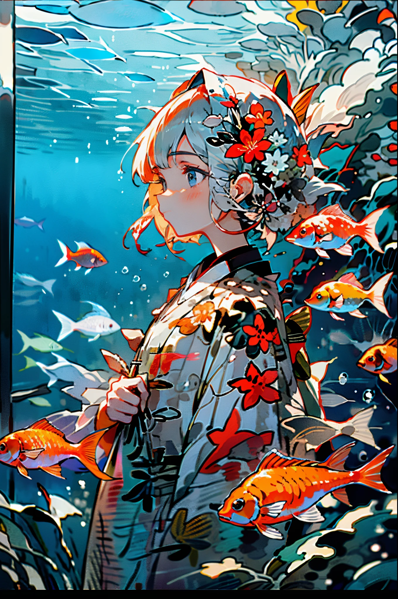 1girl, fish, goldfish, solo, blue eyes, bag, japanese clothes, kimono, profile, upper body, white hair, from side, backpack, letterboxed, bubble, red kimono, hair ornament, bangs, floral print, blush, underwater