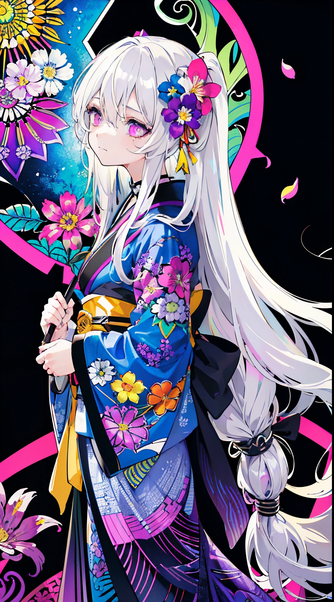 ((masterpiece:1.4, best quality))+, (ultra detailed)+,
[(black background:1.5)::0.25], (hexagon:1.4), (vivid color:1.4), vibrant color, bold color,
(pop art:1.4), (zentangle, flower effects:1.4), (art nouveau:1.1),
cowboy shot,(from side),
(cityscape,night,flower petals blowing,moonlight),
cute 1girl,wearing kimono,
silver hair, (very long hair:1.4), violet eyes,
(look sad,turn pale,sad,scared,closed mouth:1.2),