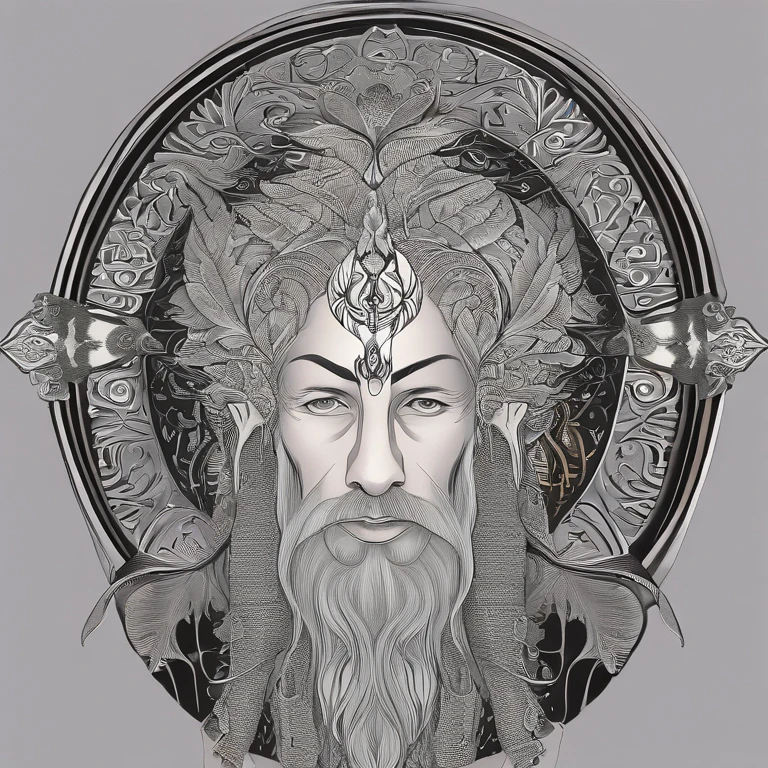 piercing, insightful eyes that reflect a lifetime of understanding the mind’s mysteries, and lengthy, silver hair that flows like a river down his back, complementing his earth-toned robes adorned with symbols of the natural world. His skin bears intricate tattoos, each a testament to a particular plant or psychedelic compound he has mastered. ,original,piercing, insightful eyes that reflect a lifetime of understanding the mind’s mysteries, and lengthy, silver hair that flows like a river down his back, complementing his earth-toned robes adorned with symbols of the natural world. His skin bears intricate tattoos, each a testament to a particular plant or psychedelic compound he has mastered. ,face,photo
