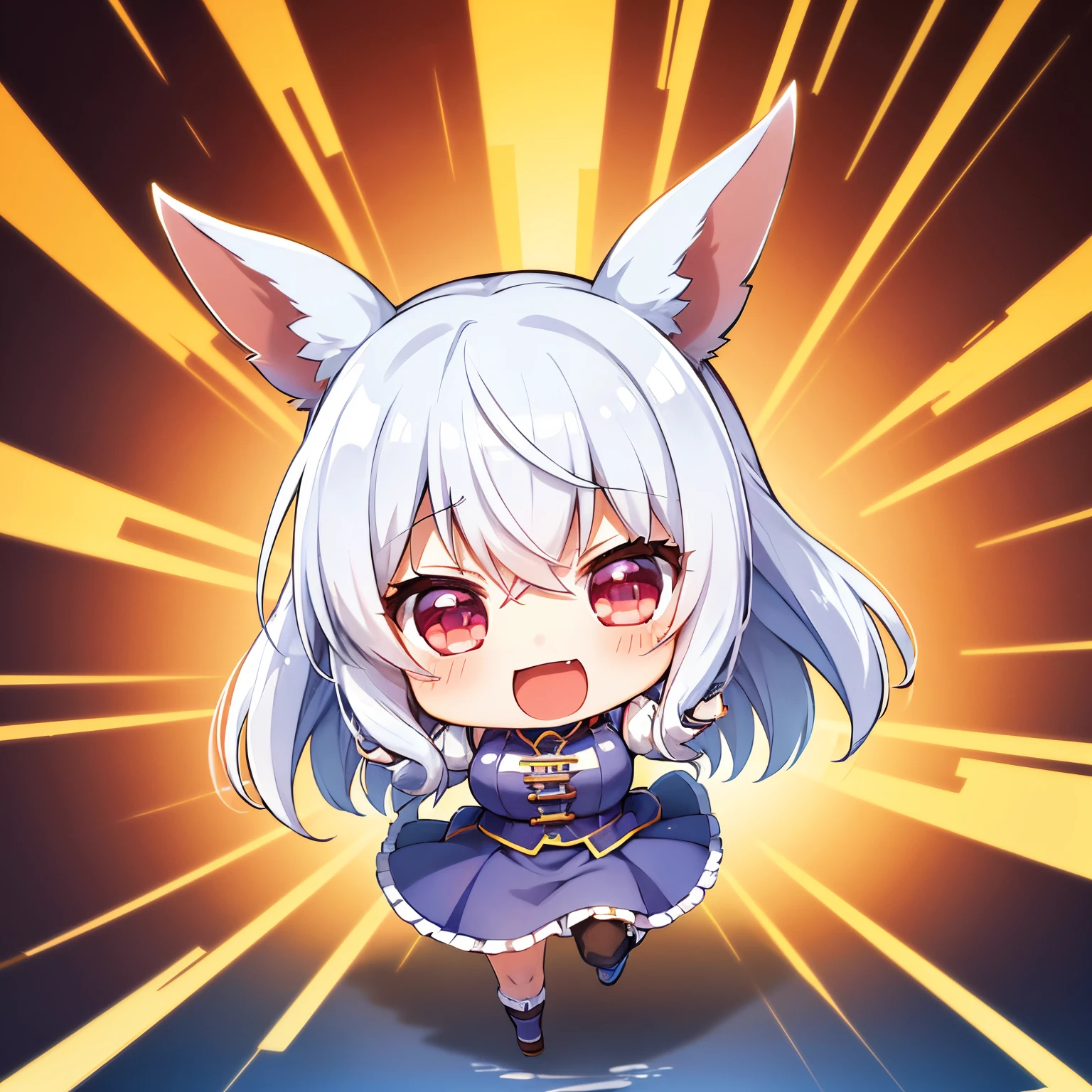 top-quality、Top resolution、(Chibi:1.4)、(Chibi Chara)、Uma Musume、White hair、length hair、straight haired、open open mouth、Delighted、a smile、Running、simple background