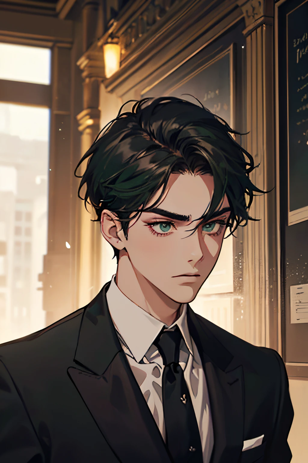 ((a young man in a black suit and tie)), taken in the early 2020s, gotham, alejandro, he looks very sophisticated, ((one side right swept bang black short hair)), (dark green eyes and thick eyebrows), look serious. ((20 years old)), ((Black suite and black tie))