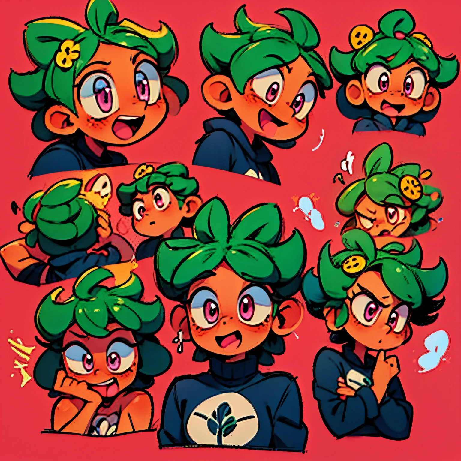 very happy laughing anime female head icon short green hair pink eyes looking diagonal right up no background