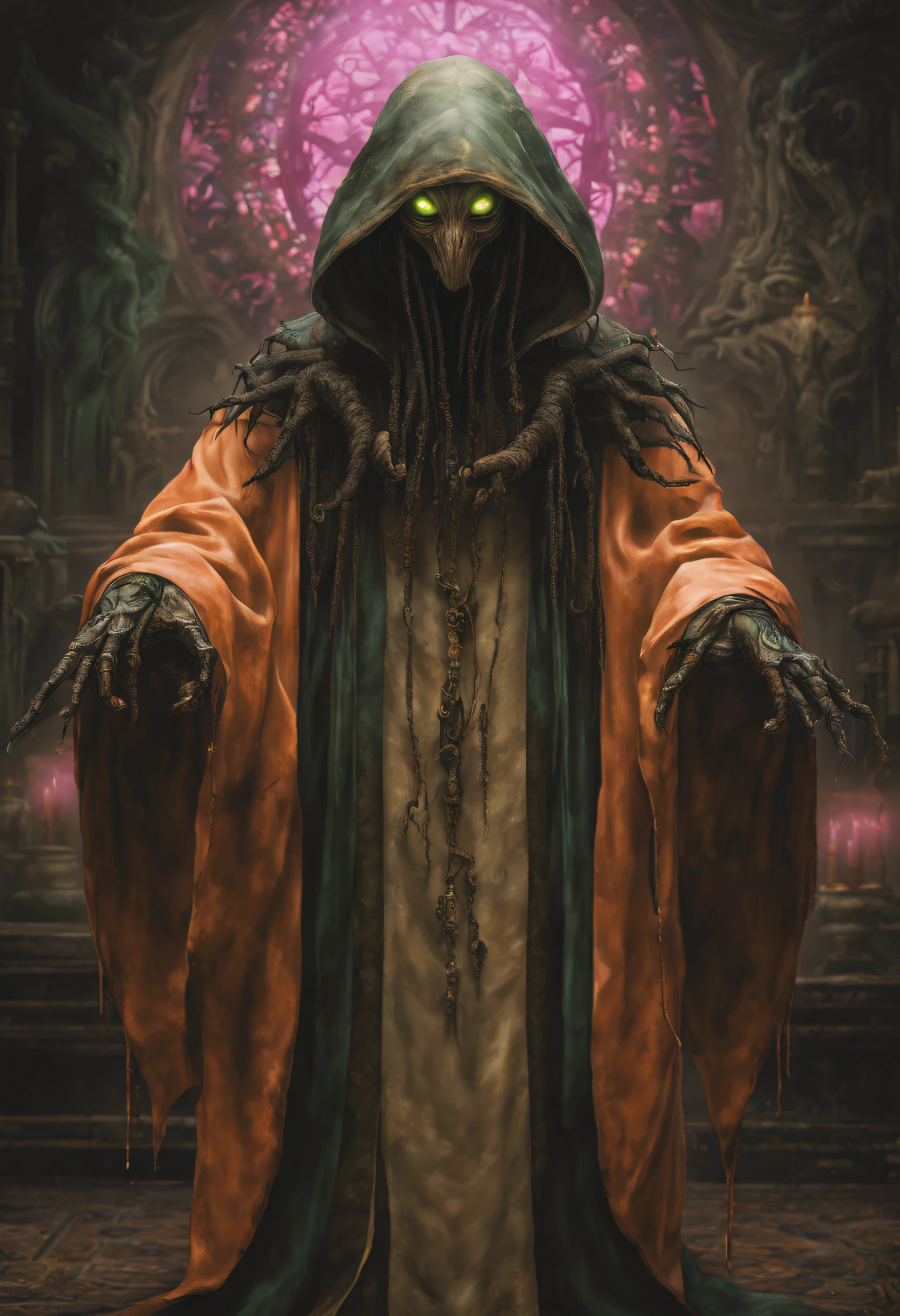 a full body terrifying sorcerer, a xenomorphic monster with wild eyes, fangs and drooling in pastel orange peach beige ivory violet pink and green, his terrifying presence envelops the viewer's senses: a tall figure in a billowing ebony robe, tattered and marked with mysterious symbols. In a dimly lit camera, captured in remarkable detail in vivid oil painting, the magician's sinister eyes pierce the canvas, appearing as if they could stare directly into the soul. The image is a masterful work of art, presenting an intense and chilling embodiment of dark magic, cinematic photography and the unreal engine 5.2