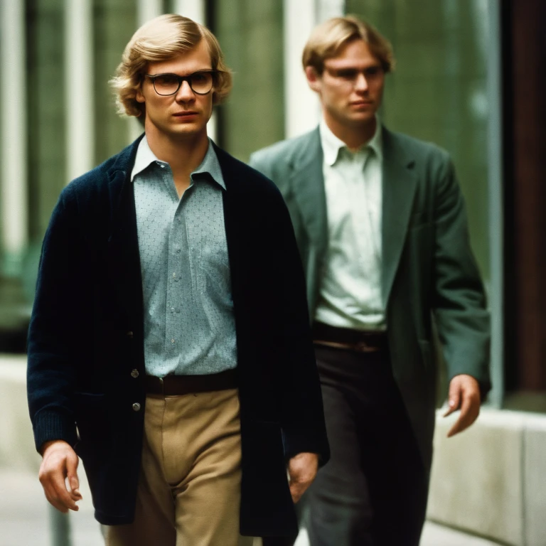 Jeffrey Dahmer, an infamous American serial killer, had an unassuming appearance that belied his gruesome criminal nature. He was of average build and height, with blonde hair and bespectacled, often described as looking ordinary or nondescript. Dahmer’s typical attire was casual and unremarkable, further contributing to his ability to blend into society without arousing suspicion. His facial expressions often appeared flat and emotionless, especially in police photographs and court appearances.,American history,Jeffrey Dahmer, an infamous American serial killer, had an unassuming appearance that belied his gruesome criminal nature. He was of average build and height, with blonde hair and bespectacled, often described as looking ordinary or nondescript. Dahmer’s typical attire was casual and unremarkable, further contributing to his ability to blend into society without arousing suspicion. His facial expressions often appeared flat and emotionless, especially in police photographs and court appearances.,face,photo
