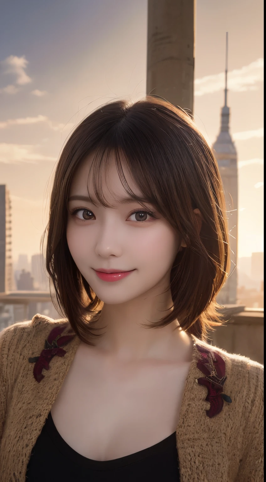 masutepiece, Best Quality, Illustration, Ultra-detailed, finely detail, hight resolution, 8K Wallpaper, Perfect dynamic composition, Beautiful detailed eyes, doress,Medium Hair, mid-chest, Natural Color Lip, Random and sexy poses,Smile,Tower Mansion,Cinematic lighting