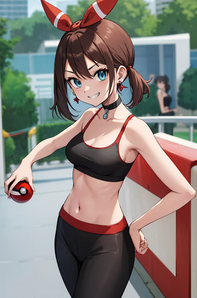masterpiece, best quality, highres, May, aqua eyes, black choker, red ribbon, earrings, jewelry, midriff, sports bra, bare shoulders, pants, leggings, standing, cowboy shot, stadium, holding poke ball, poke ball \(basic\), evil grin,