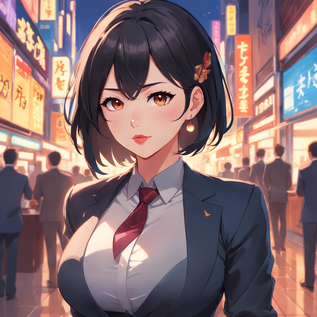 Female busty business woman, short black hair, wearing makeup, wearing business outfit, sexy, cute, full lips, wearing lipstick, black clothing, brown eyes, busty, has tattoos, wearing earrings