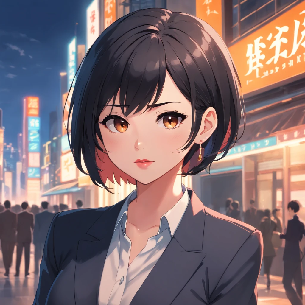 Female busty business woman, short black hair, wearing makeup, wearing business outfit, sexy, cute, full lips, wearing lipstick, black clothing, brown eyes, busty, has tattoos, wearing earrings