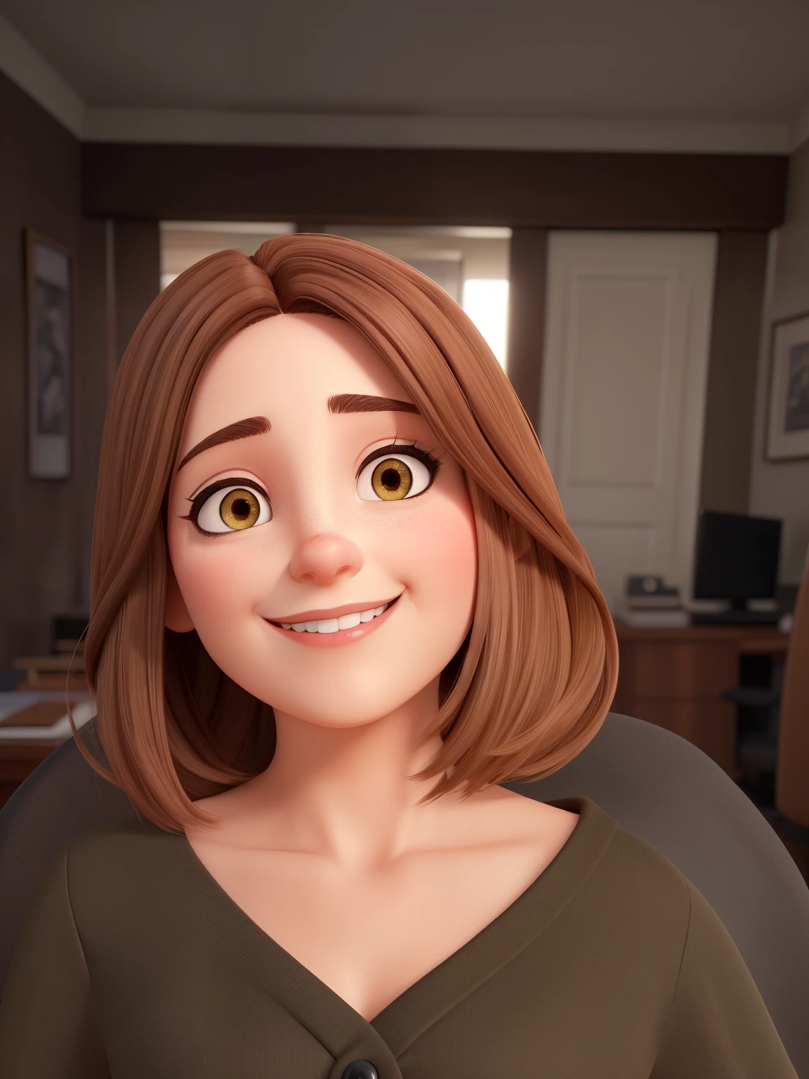 Uma mulher de 25 anos, brown hair long bob, Rosto redondo, rosto redondo com sorriso encantador, e olhos castanhos. Executive lawer.
