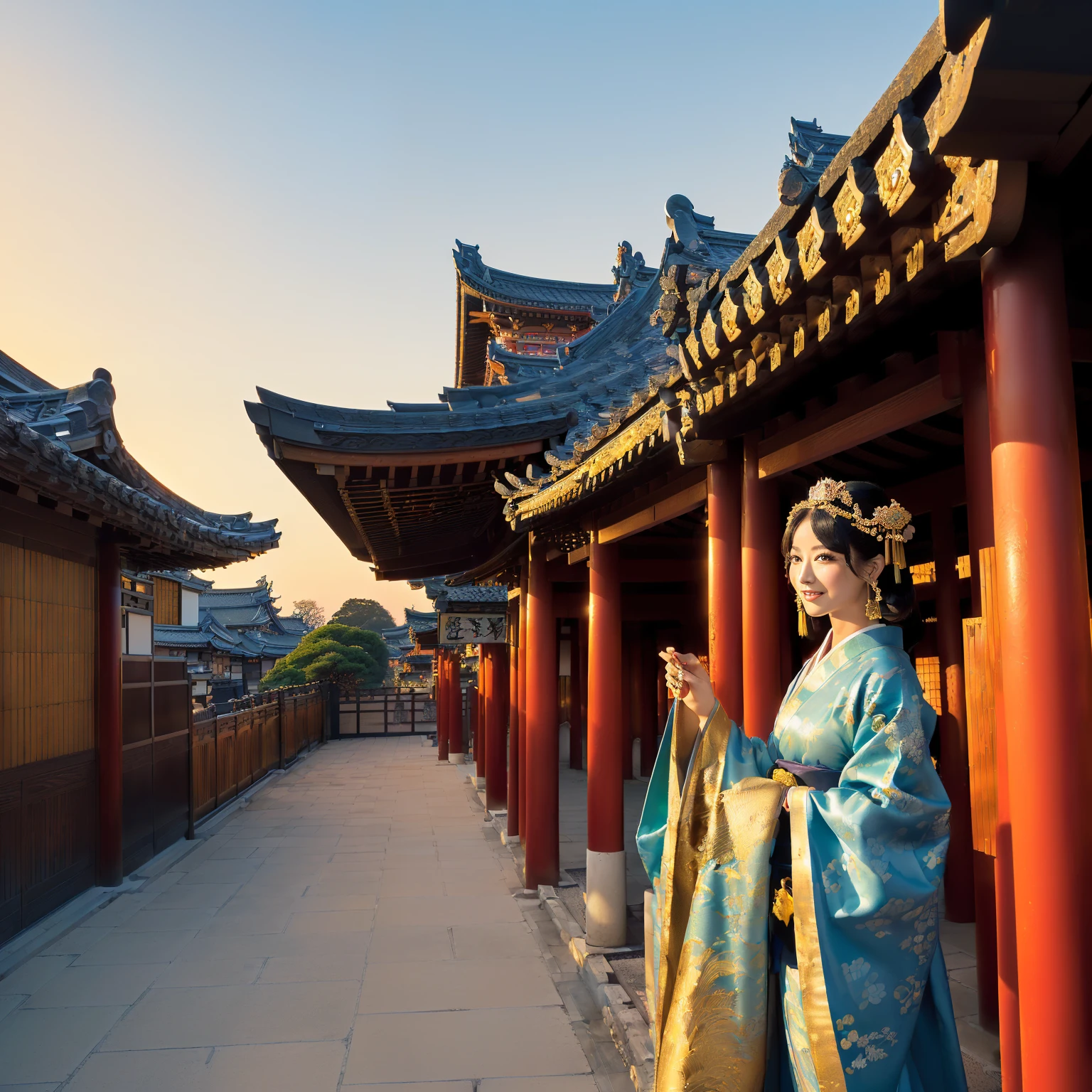 ((top-quality、masutepiece、8K、Top image quality、Very complex and detailed details、A depiction centered on one woman 、very bright and vivid、a high chroma、1 photo))、((1 Princess、empress、Princess of the Heian period、Princess cut hairstyle、Take photos from up close to her、Mainly female close-ups、Detailed her face、Photographing a single woman、stand in the capital、Take a photo of her from the knees up、gorgeous costumes、花魁、Flowers Kimono、gorgeous flower costume))、(((Atmosphere of the Heian period、Beautiful Niwa-lacquered pillars、golden palace、Golden decoration、The most luxurious royal palace of the Heian period、Huge and majestic Niwa-lacquered gate、Beautiful and perfect Heiankyo、beautiful and luxurious tiled roof、many luxurious buildings、Lots of buildings、Sparkling sunset、Beautiful sunset、Fantastic sunset、Spectacular sunset、Sparkling sunset、spectacular movie lighting、the most luxurious capital、luxurious and luxurious building、Complete reproduction of the splendid Heian capital、The perfect capital of Heiankyo、luxury city、Japan in the 800s、Townscape of the Heian period、Heian period、Perfect reproduction of Japan、Heian period)))、(View me、Look at viewers、A smile)