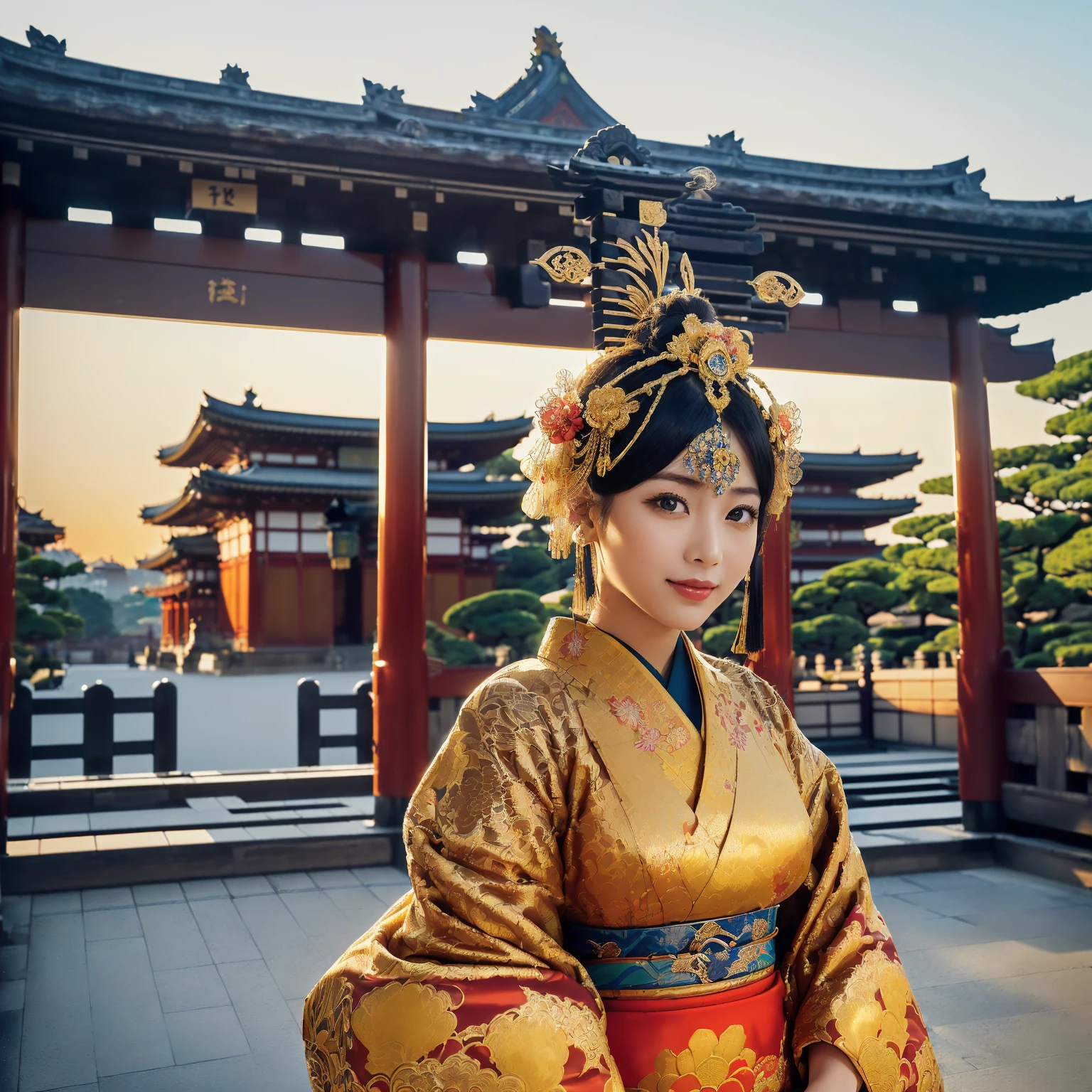 ((top-quality、masutepiece、8K、Top image quality、Very complex and detailed details、A depiction centered on one woman 、very bright and vivid、a high chroma、1 photo))、((1 Princess、empress、Princess of the Heian period、Princess cut hairstyle、Take photos from up close to her、Mainly female close-ups、Detailed her face、Photographing a single woman、stand in the capital、Take a photo of her from the knees up、gorgeous costumes、花魁、Flowers Kimono、gorgeous flower costume))、(((Atmosphere of the Heian period、Beautiful Niwa-lacquered pillars、golden palace、Golden decoration、The most luxurious royal palace of the Heian period、Huge and majestic Niwa-lacquered gate、Beautiful and perfect Heiankyo、beautiful and luxurious tiled roof、many luxurious buildings、Lots of buildings、Sparkling sunset、Beautiful sunset、Fantastic sunset、Spectacular sunset、Sparkling sunset、spectacular movie lighting、the most luxurious capital、luxurious and luxurious building、Complete reproduction of the splendid Heian capital、The perfect capital of Heiankyo、luxury city、Japan in the 800s、Townscape of the Heian period、Heian period、Perfect reproduction of Japan、Heian period)))、(View me、Look at viewers、A smile)