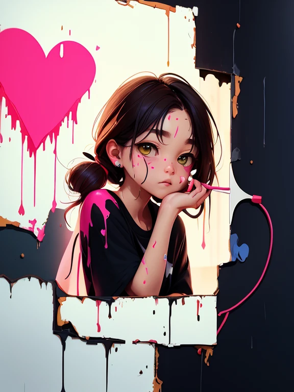 a conceptual drawing, half face half heart, paint dripping, masterpiece, Something