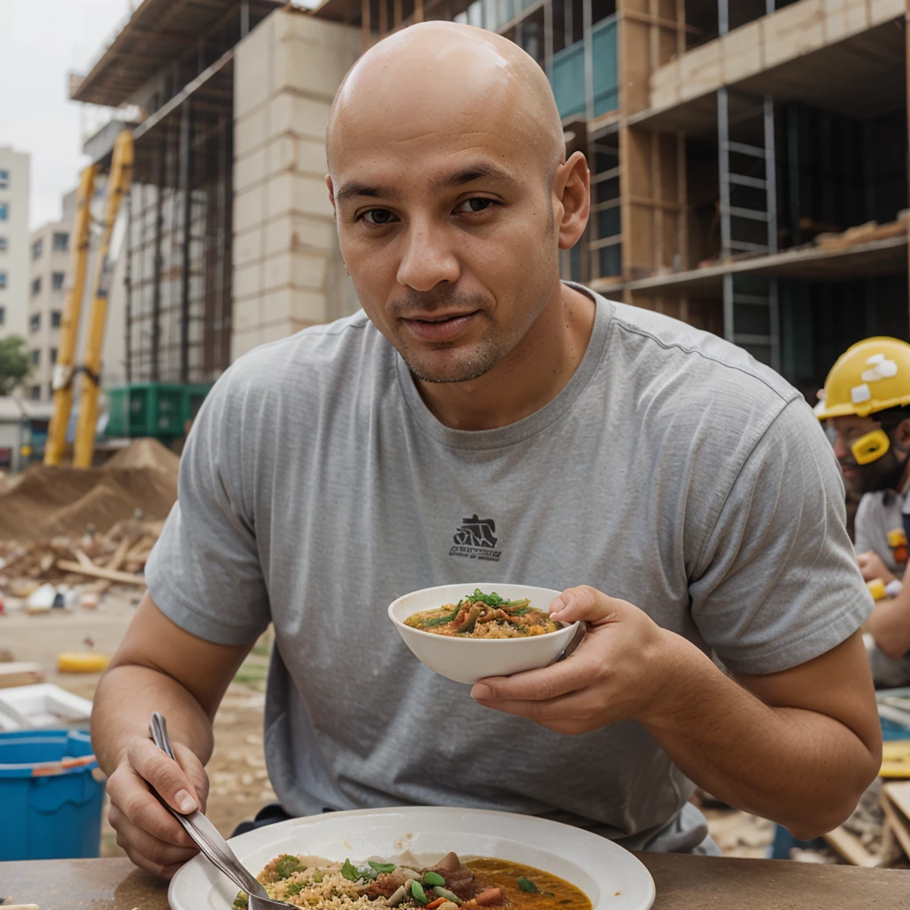 a bald guy，Eating curry rice at the construction site