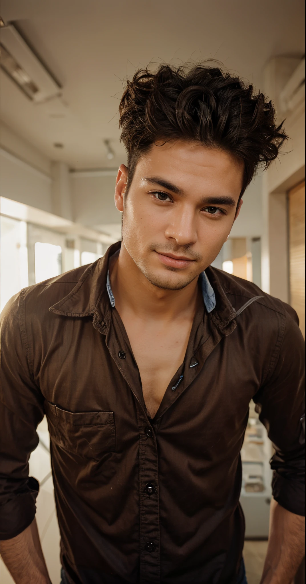 Change the background and realistic face to handsome face