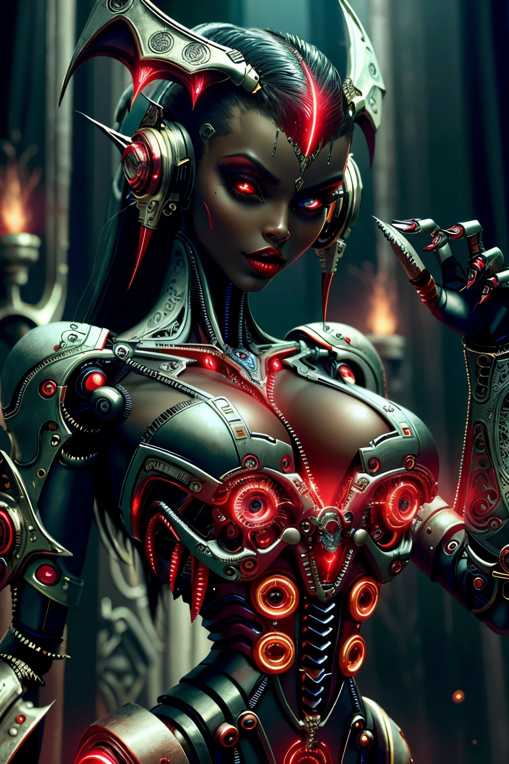 vamptech, garota, escravo, slavery, sexy mechanical feminine body, Gigachade, pele prateada, vampiric, robotic, medium breasts