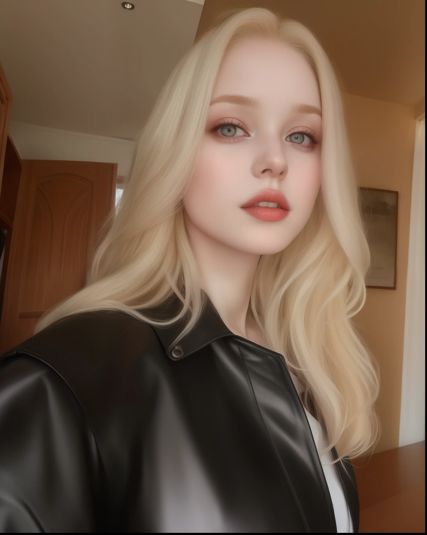 Mulher loira com olhos azuis e uma jaqueta de couro preta posando para uma foto, Yelena Belova, pale skin curly blond hair, Anna Nikonova aka Newmilky, with pale skin, Taran Dasha, pale glowing skin, imagem vazada, extremely pale blond hair, pale fair skin!!, very very pale blond hair, uma menina com cabelo loiro