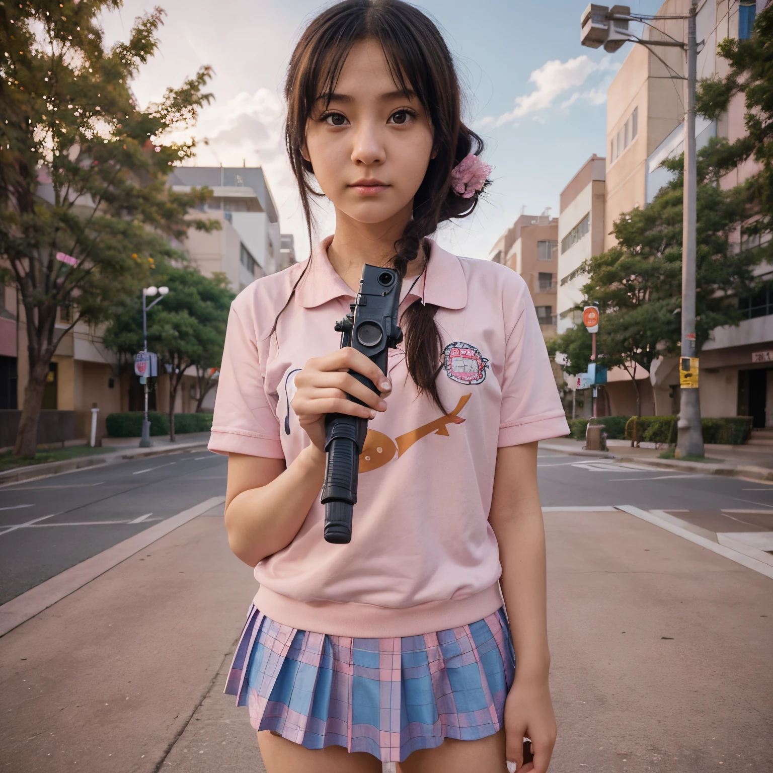 Disney Pixar animated film poster with a high school student wearing a pink school uniform holding a gun in the center, 3rd rendering, disco Rigido, fofo, Azumanga Daioh, Osaka, Ayumu Kasuga, Rosa, luz profissional, anime antigo, vibe ghibli