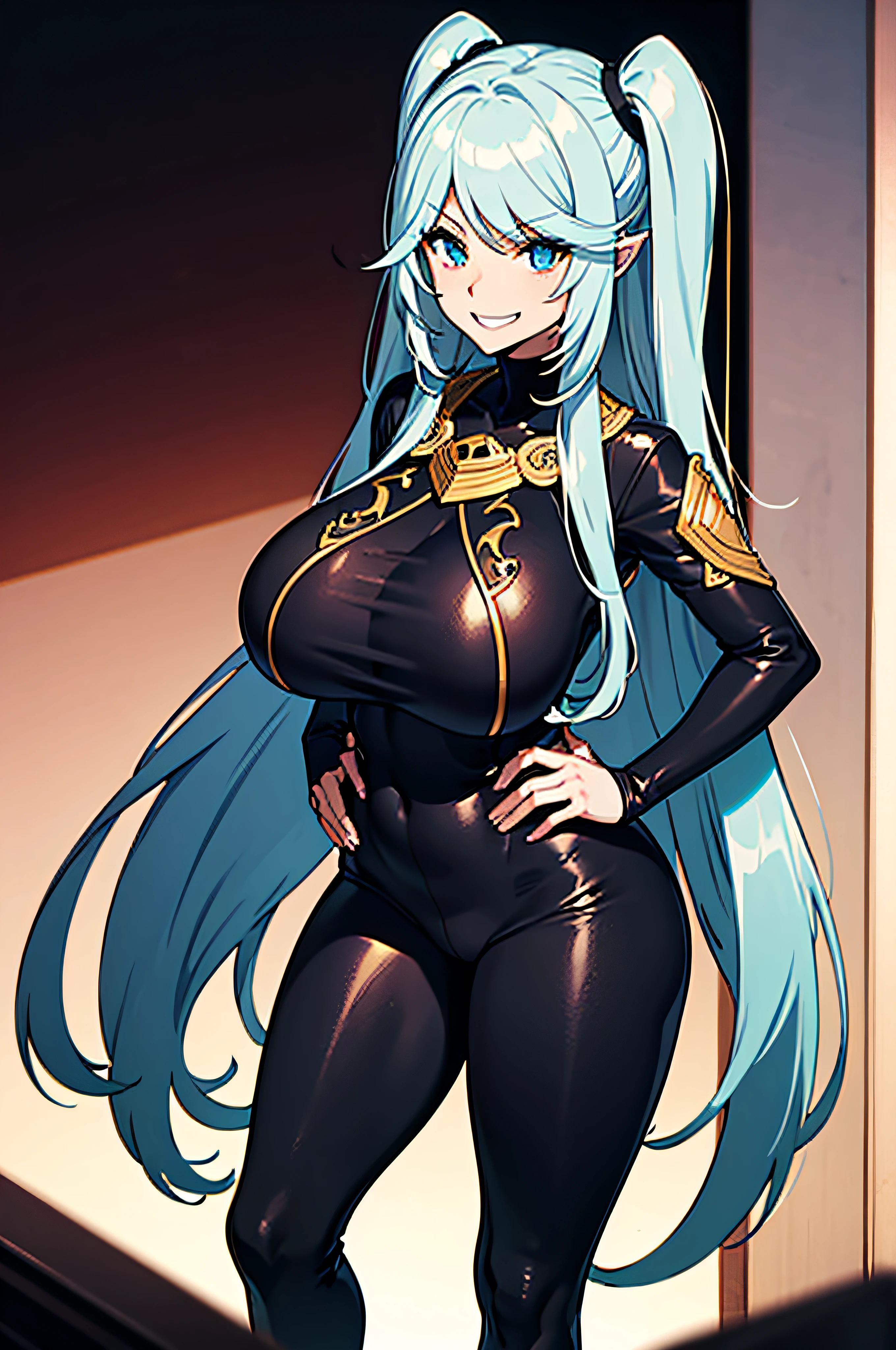 Long light blue hair, Japanese, (gigantic chest:1.2), tight clothing, (black leggings:1.2), big thighs, sadistic grin, half body, big eyes, (ninja:1.1)