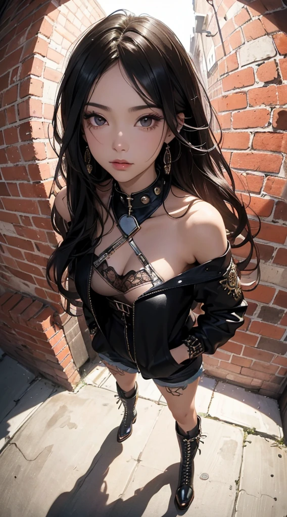 (((8k wallpaper of extremely detailed CG unit:1.2, masterpiece, hight resolution:1.2, top-quality:1.2, masutepiece))), ((a very beautiful woman, Hands in pockets:1.8, punk fashion:1.5, Wearing boots:1.3)), ((extra detailed face, Highly detailed black eyes, extra detailed body, Top quality real texture skins)), (A dark-haired:1.2, straight haired:1.2, The long-haired, de pele branca, Big:1.2, exposed shoulder), ((Alley without people, Mileland, Brick wall, natta)), (high-angle:1.1, a closeup, Fisheye:1.4), hyper realisitic, digitial painting,
