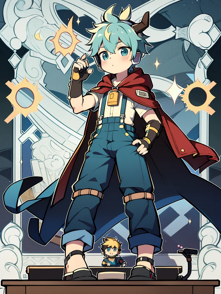 shota,，Two dimensional anime boys，Gray overalls，long slim figure，protective goggles，Fingerless gloves，The stands up，There are long horns on the head，Earphone，Cloak