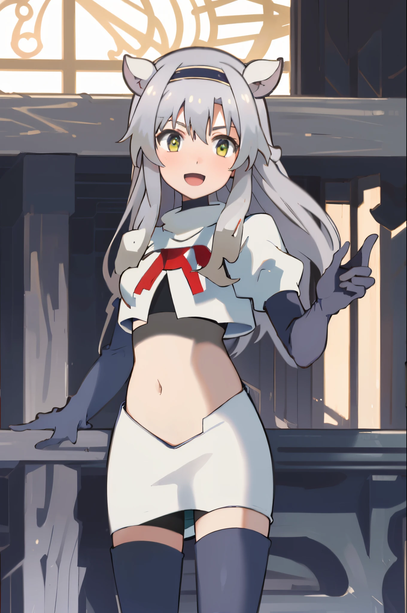 best quality, (masterpiece:1.2), detailed, medieval,
Sistine Fibel,
1girl, solo, open mouth, light smile, blush,
long hair, grey hair, green eyes, blue hairband, animal ears,
team rocket,team rocket uniform,white skirt,crop top,red letter R,black thigh-high boots,black elbow gloves,