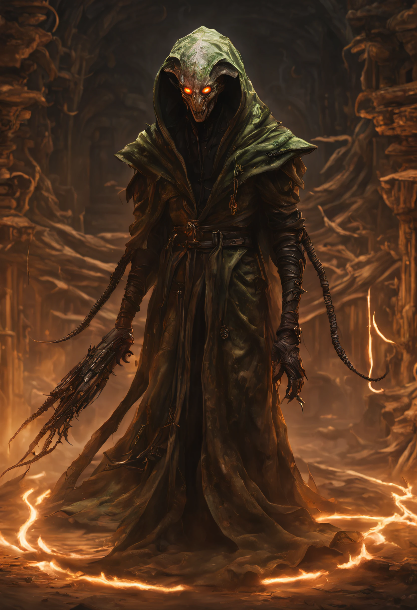 a full body terrifying sorcerer, a xenomorphic monster with wild eyes, fangs and drooling in pastel orange peach beige ivory violet pink and green, his terrifying presence envelops the viewer's senses: a tall figure in a billowing ebony robe, tattered and marked with mysterious symbols. In a dimly lit camera, captured in remarkable detail in vivid oil painting, the magician's sinister eyes pierce the canvas, appearing as if they could stare directly into the soul. The image is a masterful work of art, presenting an intense and chilling embodiment of dark magic, cinematic photography and the unreal engine 5.2