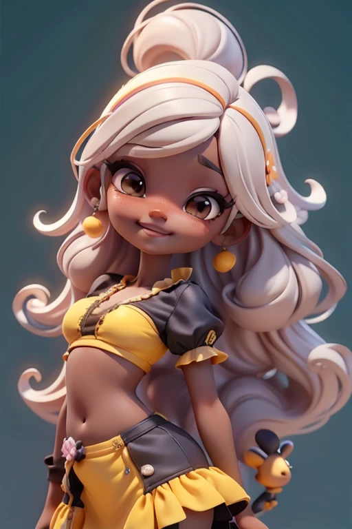 Avatar fada menina negra, tons amarelo e preto, sorriso meigo e delicado, asas brilhante, vestida com uma jardineira, corpo inteiro,pele clara e olhos delicados e definidos,cartoon 3D com blusa delicada,, casaco peludinha, cabelos multicolor, fundo simples e branco