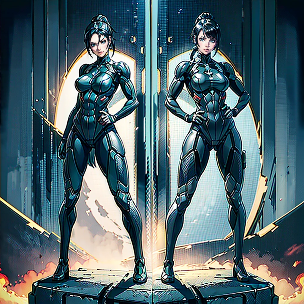 An illustration of Peta Jensen, Short Ponytail , hair pulled back, black hairs, turquoise eyes, Makeup, wearing a Black crysis nanosuit, High resolution, Ultra-pointu, 16k, Masterpiece, standing pose, Wide Shot,