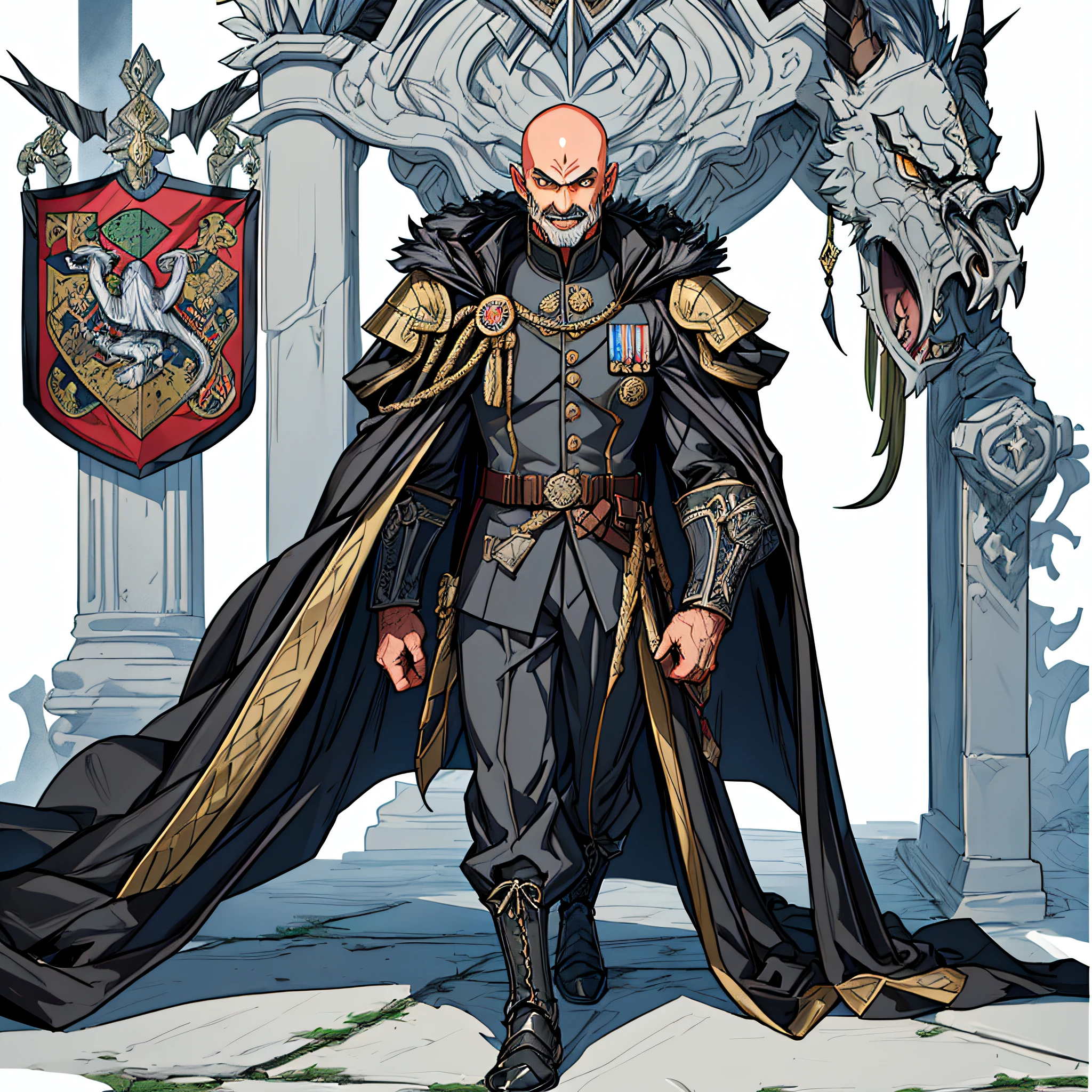((white background)),((full body)),masutepiece, Best Quality, realistic, Highly detailed, epic exquisite character art, A Man, (((Solo))), (muscular guy, Middle Age, 50 years old, Realistic, Juncao, , Bald, shaved hair, Black short mustache), (Paladin Knight of Arab aesthetics, Wearing a military uniform with a camouflage pattern, Patterned fabrics and capes, With the coat of arms of a heron), shadowverse style,Castlevania: Lord of Shadows,Evil Bald Muscular Warrior,Upper body,Evil smile,Camouflage military uniform,old man,furious evil smile,full body,