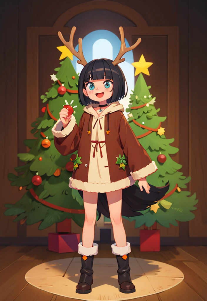 best quality, masterpiece, highly detailed, kawaii,
BREAK (short boy:1.3), 1girl, solo, (short hair, straight hair, black hair, blunt bangs, azure eyes:1.3), (wolf ears), choker, fangs, blush, (realistic:0.8), (holding mistletoe,) (Standing near a christmas tree.)
(oversized clothes, puffy sleeves, Brown reindeer hoodie, black boots, reindeer antlers), happy, :D,
BREAK cute aesthetic illustration, stylized digital art, colorful paint style,