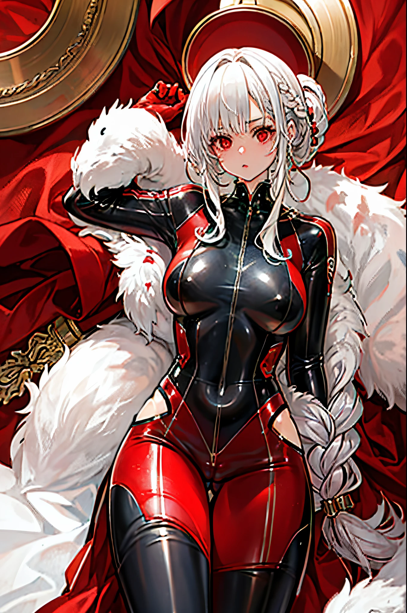 (masterpiece:1.5), (bestquality), highlydetailed, ultra-detailed, cold, solo, 1girl, white hair, bangs, red eyes, long hair, very long hair, braid, half updo, dull hair, skin tight bodysuit, latex, medium breasts, hair rings