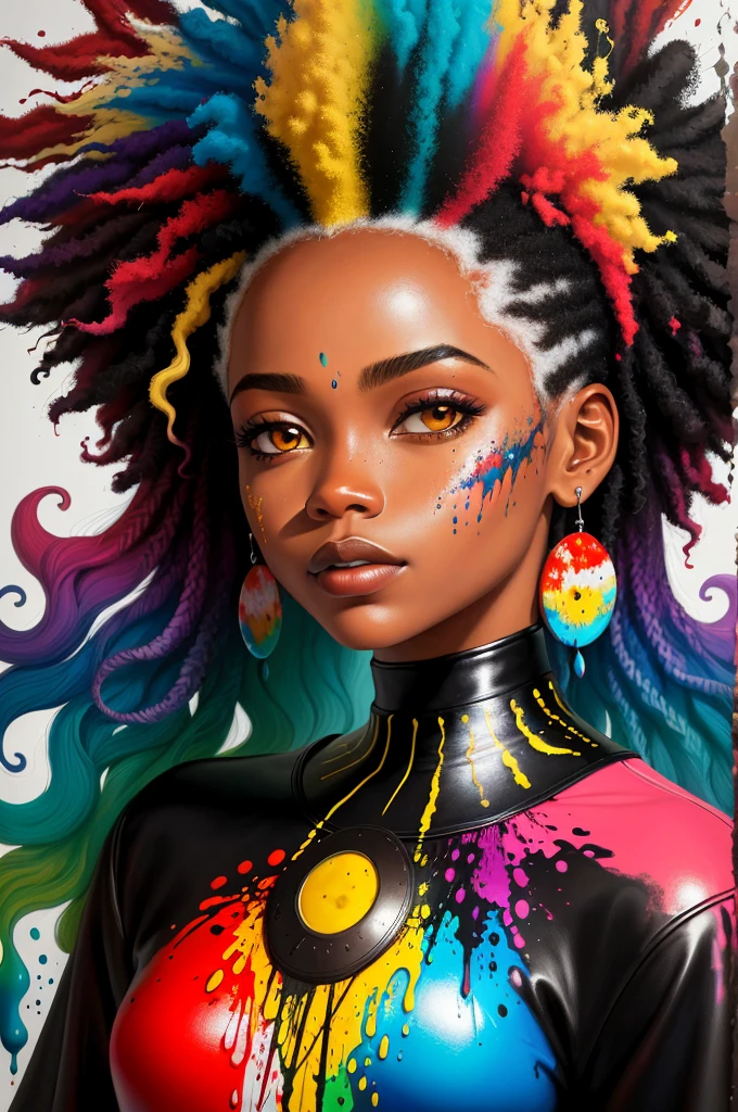 Beautiful Mulatto Girl, Black and Rainbow Hair, Black and Rainbow Makeup, Hip-Hop Girl, Ripped Rainbow Yoga Pants, Exposed Breasts, Nsfw, Curly Afro, Slender, Rainbow Eyes, Tribal Tattoos, hip hop studio background