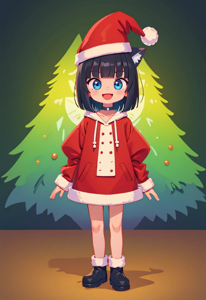 best quality, masterpiece, highly detailed, kawaii,
BREAK (short boy:1.3), 1girl, solo, (short hair, straight hair, black hair, blunt bangs, azure eyes:1.3), (wolf ears), choker, fangs, blush, (realistic:0.8), (Standing near a christmas tree.)
(oversized clothes, puffy sleeves, Red santa hoodie, black boots, Santa hat), happy, :D,
BREAK cute aesthetic illustration, stylized digital art, colorful paint style,