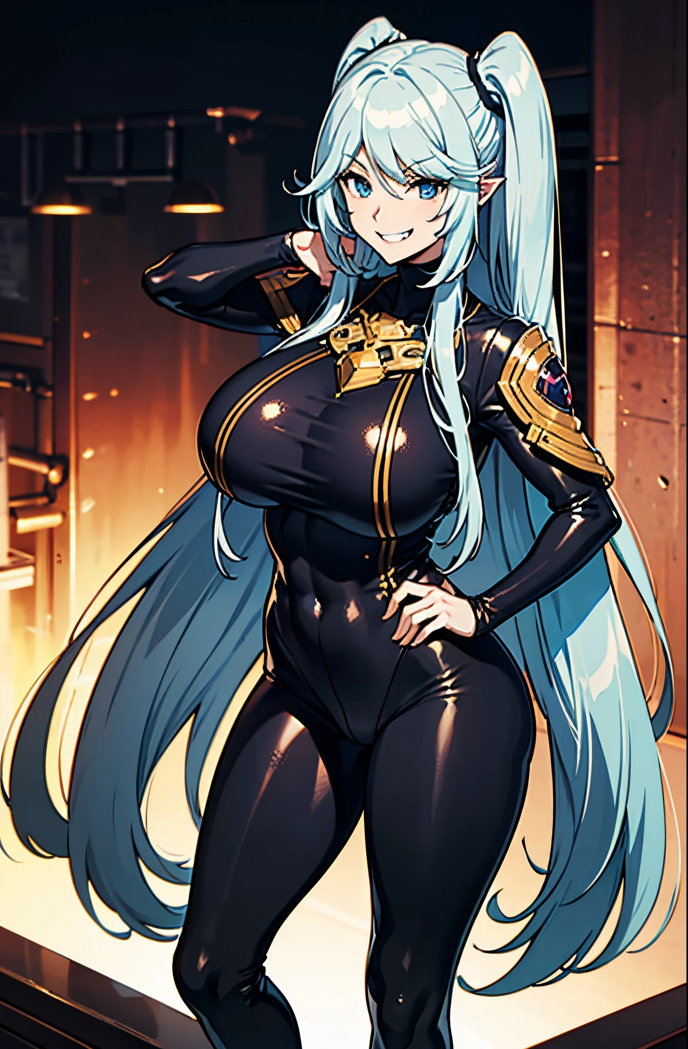 Long light blue hair, Japanese, (gigantic chest:1.2), tight clothing, (black leggings:1.2), big thighs, sadistic grin, half body, big eyes, (ninja:1.1)