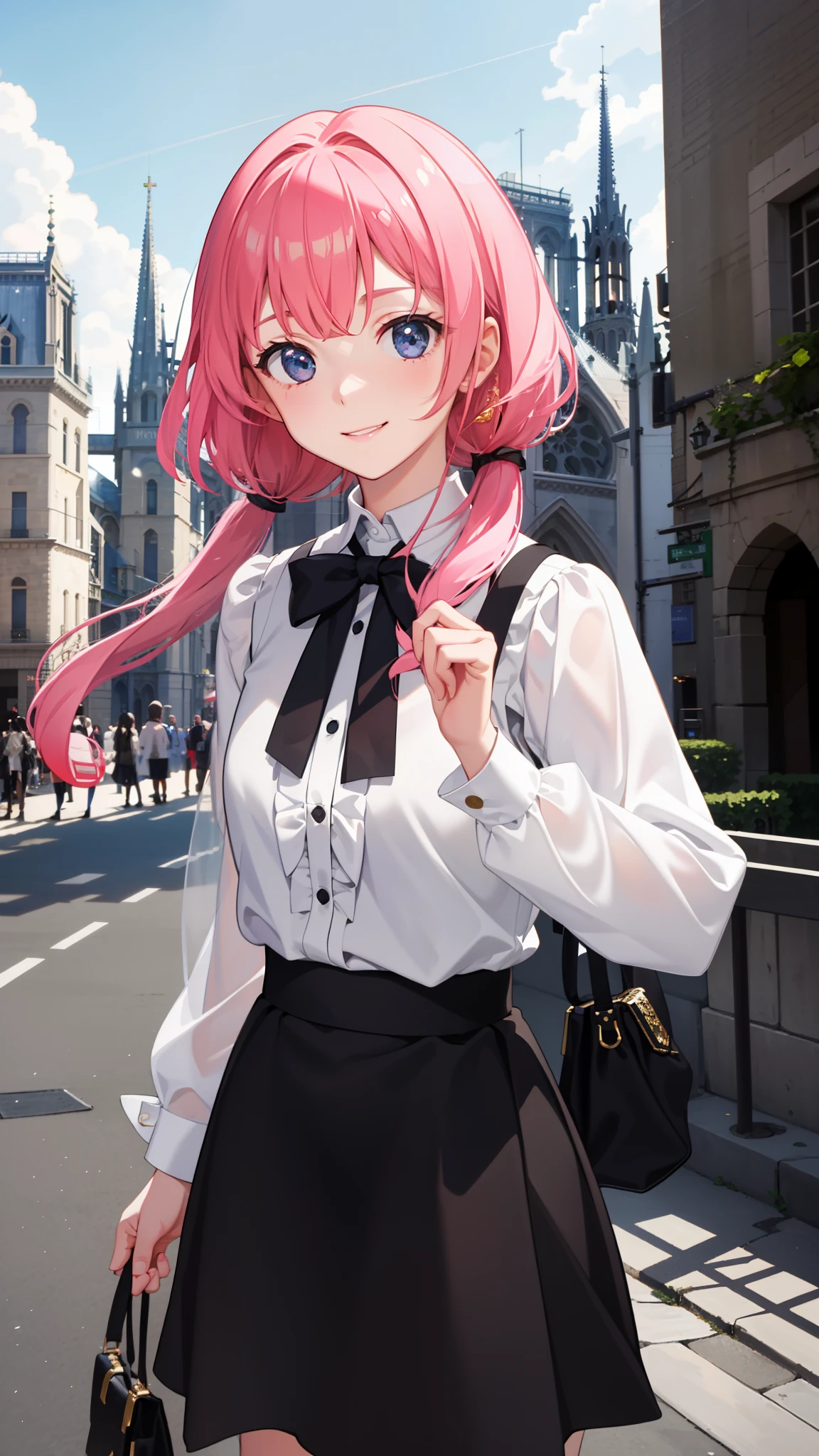 1girl in、notre dame、imagem 4k、A smile、The shirt、Blouse、(paler)skirt by the、poneyTail、(small tits)Chilarism、movement、