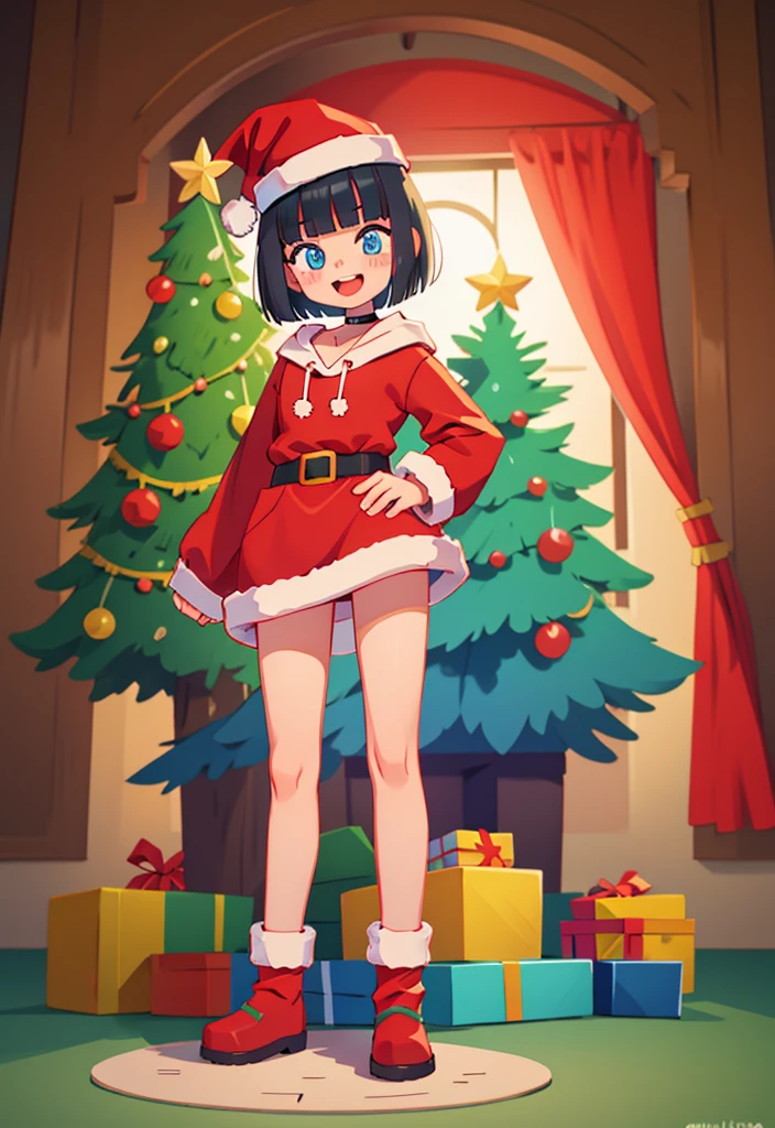 best quality, masterpiece, highly detailed, kawaii,
BREAK (short boy:1.3), 1girl, solo, (short hair, straight hair, black hair, blunt bangs, azure eyes:1.3), (wolf ears), choker, fangs, blush, (realistic:0.8), (Standing near a christmas tree.)
(oversized clothes, puffy sleeves, Red santa hoodie, black boots, Santa hat), happy, :D,
BREAK cute aesthetic illustration, stylized digital art, colorful paint style,