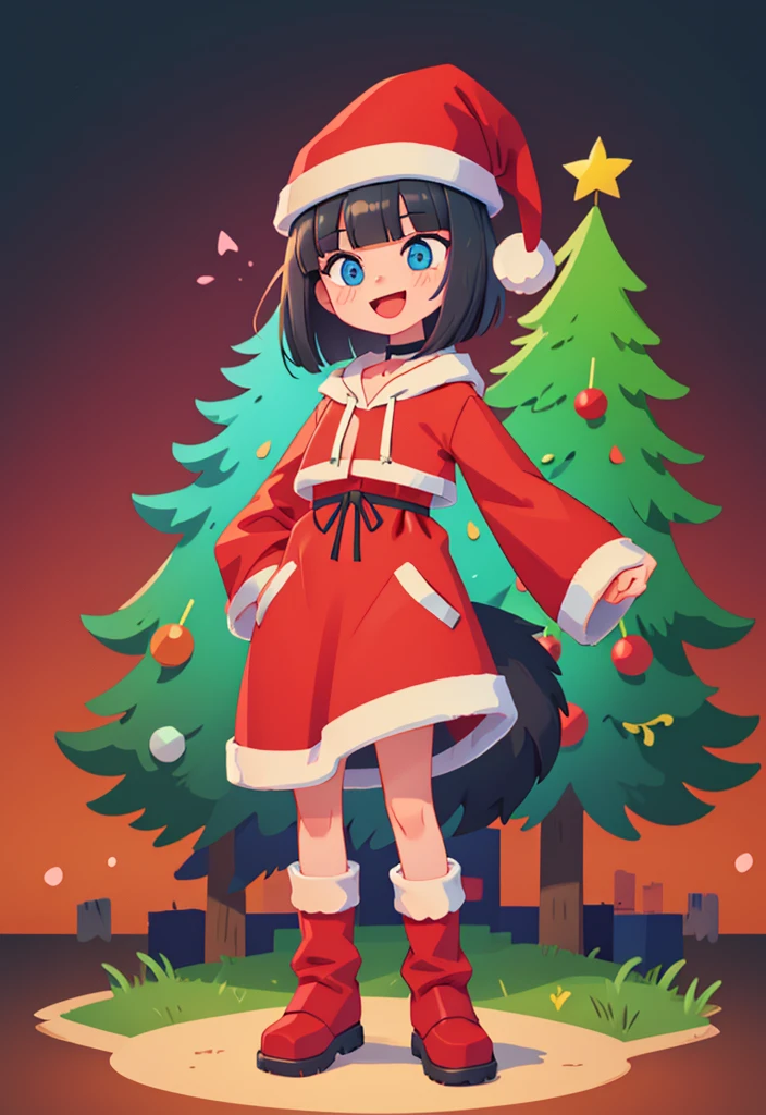 best quality, masterpiece, highly detailed, kawaii,
BREAK (short boy:1.3), 1girl, solo, (short hair, straight hair, black hair, blunt bangs, azure eyes:1.3), (wolf ears), choker, fangs, blush, (realistic:0.8), (Standing near a christmas tree.)
(oversized clothes, puffy sleeves, Red santa hoodie, black boots, Santa hat), happy, :D,
BREAK cute aesthetic illustration, stylized digital art, colorful paint style,