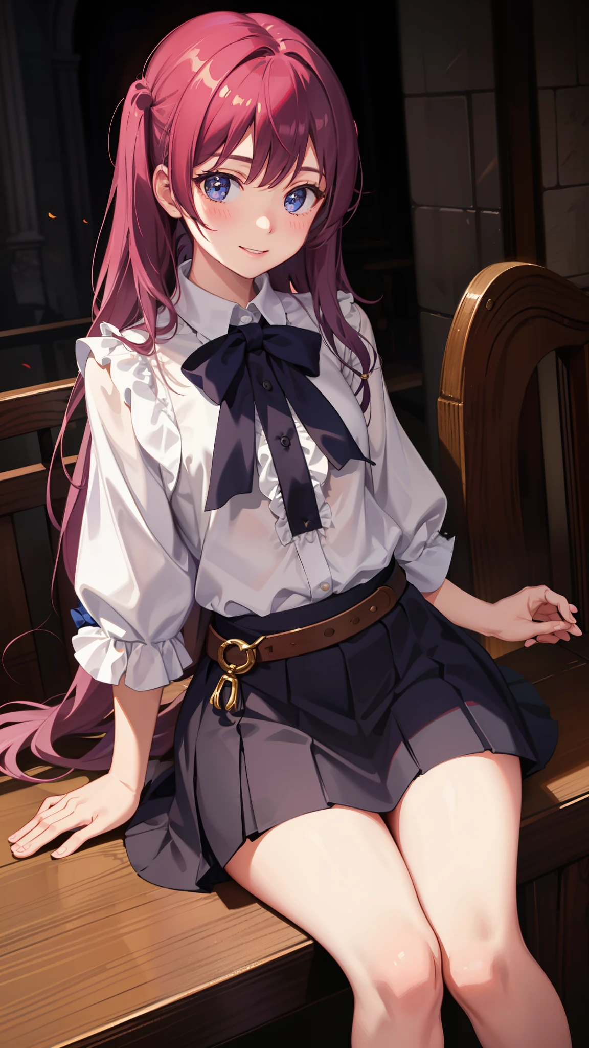 1girl in、notre dame、imagem 4k、A smile、The shirt、Blouse、(paler)skirt by the、poneyTail、(small tits)Chilarism、movement、