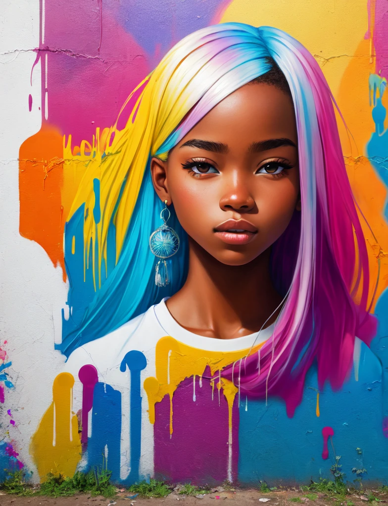 Graffiti painting, street art, 16k extremely detailed CG unit wallpaper, 16k landscape, artwork, masterpiece, best quality, amazing light brushstrokes, of a 16 year old African American girl with platinum hair in graffiti style on a white wall with vibrant colors.