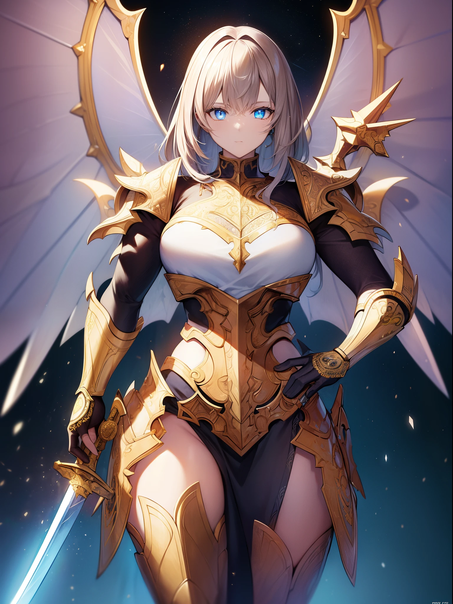 (masterpiece, best quality:1.3),extremely high detailed, intricate, 8k, HDR, wallpaper, cinematic lighting, (universe),(holding sword:1.3), glowing, armor, glowing eyes, mecha, large wings,