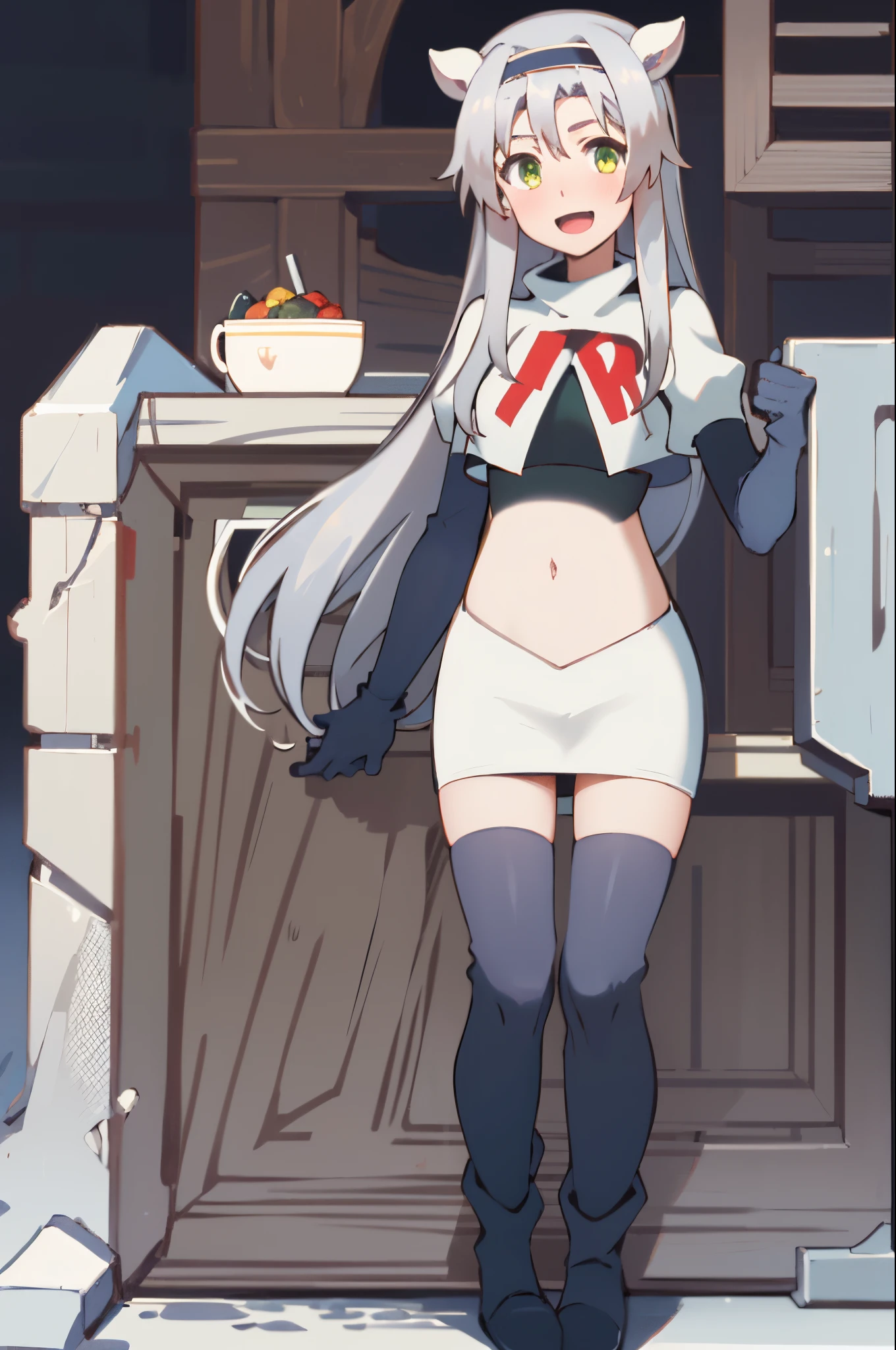 best quality, (masterpiece:1.2), detailed, medieval,
Sistine Fibel,
1girl, solo, open mouth, light smile, blush,
long hair, grey hair, green eyes, blue hairband, animal ears,
team rocket,team rocket uniform,white skirt,crop top,red letter R,black thigh-high boots,black elbow gloves,