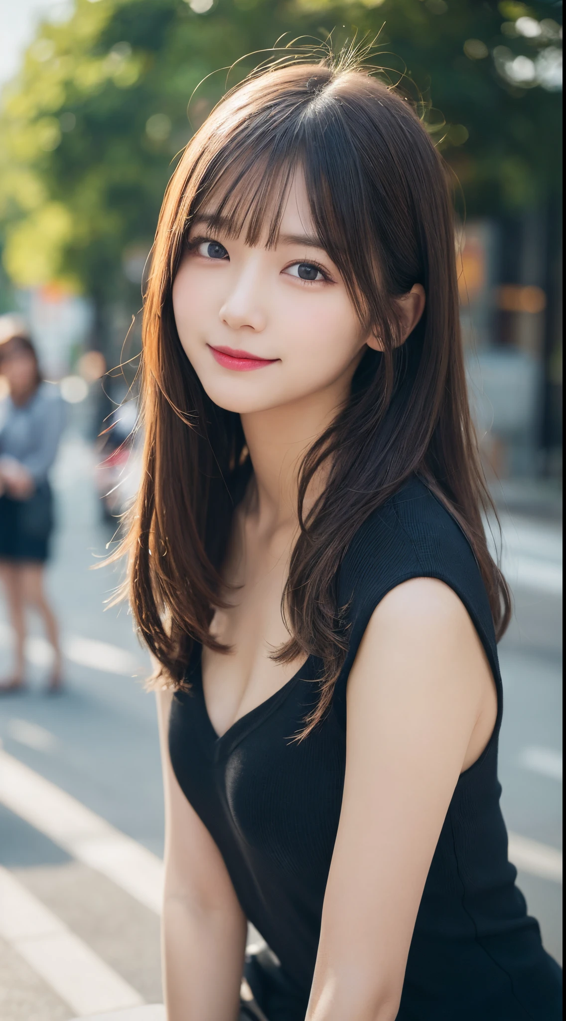 Tabletop, highest quality, figure, Super detailed, In detail, High resolution, 8k wallpaper, Perfect dynamic composition, Beautiful fine details, She is wearing a black dress,Medium Hair,Natural color lip, Bold sexy pose,smile,Harajuku、20-year-old girl、cute、sexy shot looking at camera、C Cup、Brown Hair、caste-like face、Blurred night downtown background