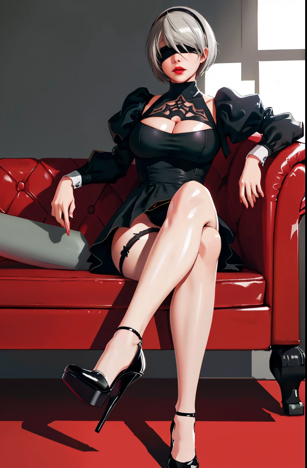Yorha2b, masterpiece, (photorealistic: 1.4), top quality, beautiful lighting, 1 girl, (blindfolded), breasts, cleavage, hair band, hi-res, nier automata, red lips, shading face, short hair, solo, gray hair, Sky RAW Photography, 8K UHD, Film Grain, high heels, high heel visible, long legs, leg focus, garter belt, white high heels, sexy pose, skinny, short skirt, sports bra, high heels, laying on red sofa