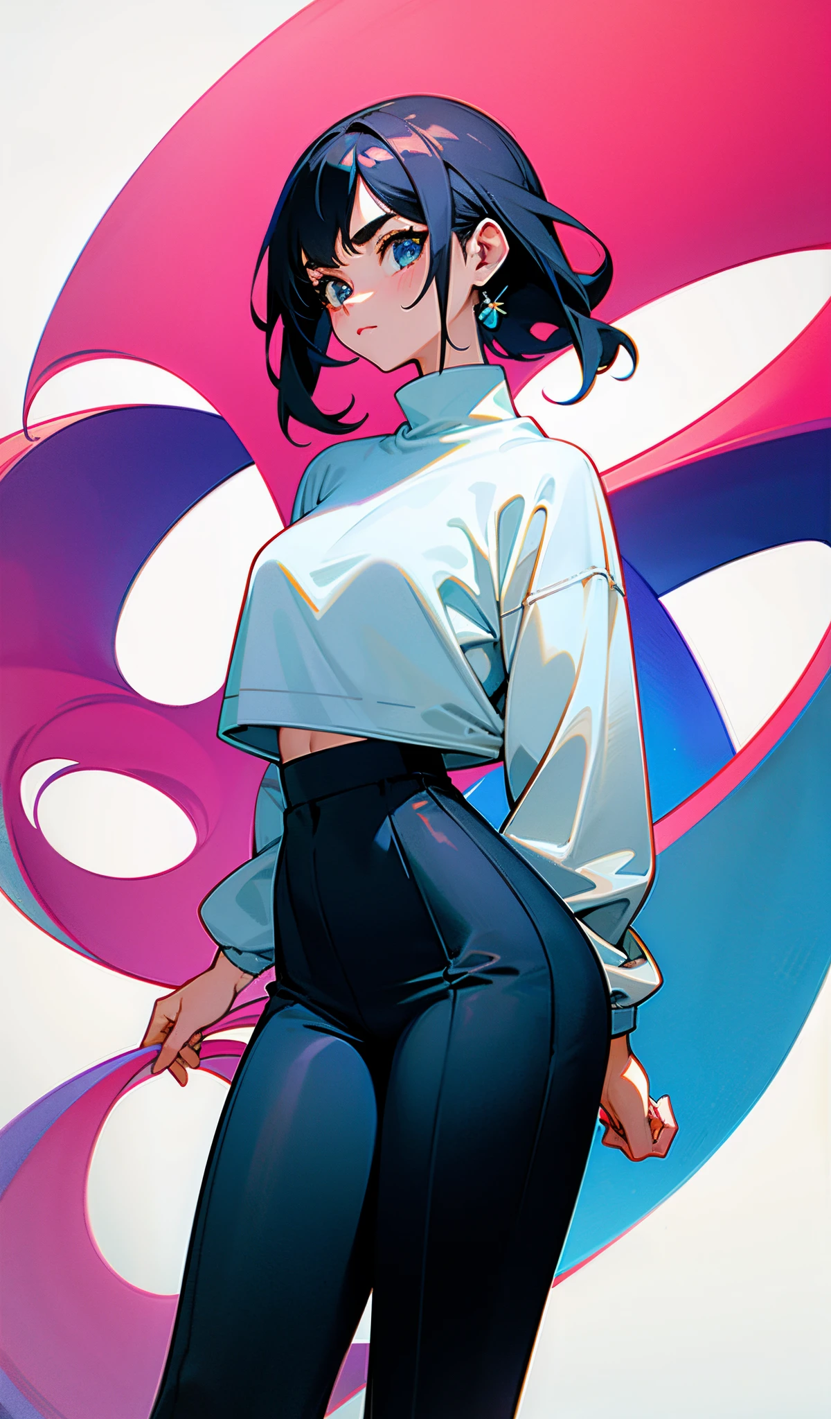 (obra maestra, mejor calidad), （Personaje femenino:1.2),(woman:1.2), ((character design)),(Different expressions for the same character:0.8),The pubic area is clear, hiper HD, 1 mujer, cabello largo y rosado que le llega hasta la espalda, primer plano, concerned expression, soft, pale skin, pupilas azul claro, more pronounced eyebrows, cejas negras opacas, Dark Blue Turtleneck Sweater, baggy pants white tracksuits, camera perspective from the right.