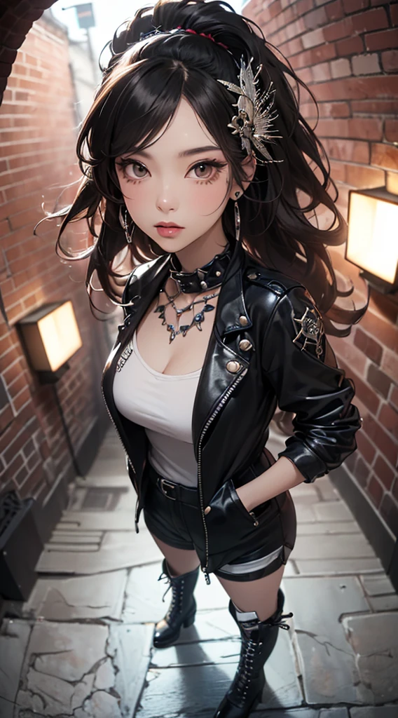 (((8k wallpaper of extremely detailed CG unit:1.2, masterpiece, hight resolution:1.2, top-quality:1.2, masutepiece))), ((a very beautiful woman, Ear-piercing, Hands in pockets:1.8, punk fashion:1.5, Wearing boots:1.3)), ((extra detailed face, Highly detailed black eyes, extra detailed body, Top quality real texture skins)), (A dark-haired:1.2, straight haired:1.2, The long-haired, de pele branca, Big:1.2, exposed shoulder), ((Alley without people, Mileland, Brick wall, natta)), (high-angle:1.1, a closeup, Fisheye:1.4), hyper realisitic, digitial painting,