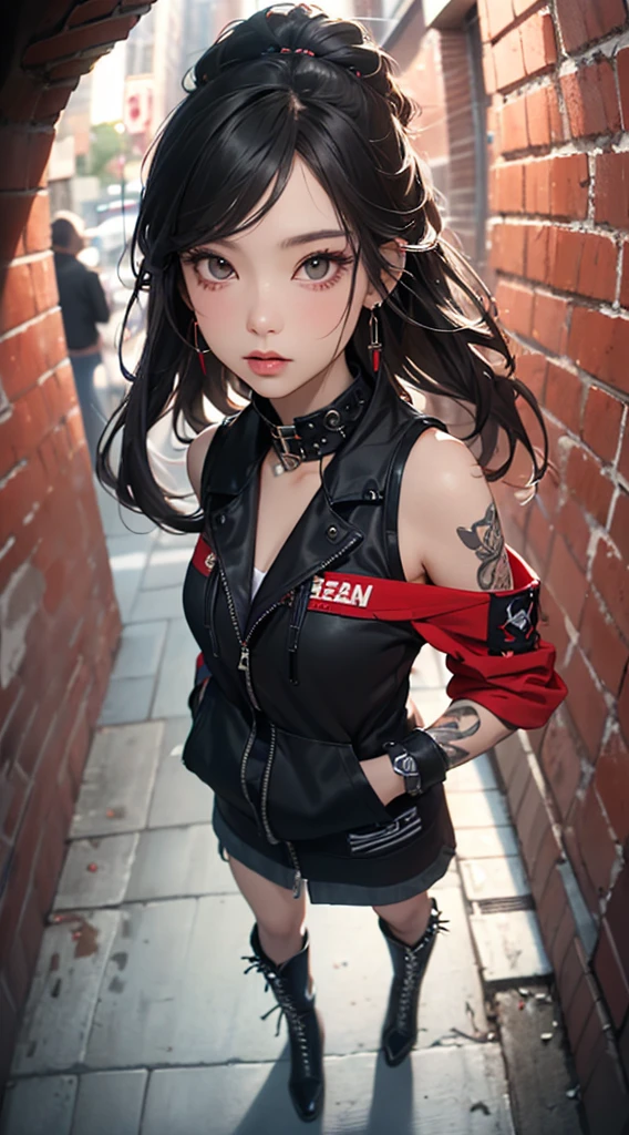 (((8k wallpaper of extremely detailed CG unit:1.2, ​masterpiece, hight resolution:1.2, top-quality:1.2, masutepiece))), ((a very beautiful woman, Ear-piercing, Hands in pockets:1.8, punk fashion:1.5, Wearing boots:1.3)), ((extra detailed face, Highly detailed black eyes, extra detailed body, Top quality real texture skins)), (A dark-haired:1.2, straight haired:1.2, The long-haired, de pele branca, Big:1.2, exposed shoulder), ((Alley without people, Mileland, Brick wall, natta)), (high-angle:1.1, a closeup, Fisheye:1.4), hyper realisitic, digitial painting,