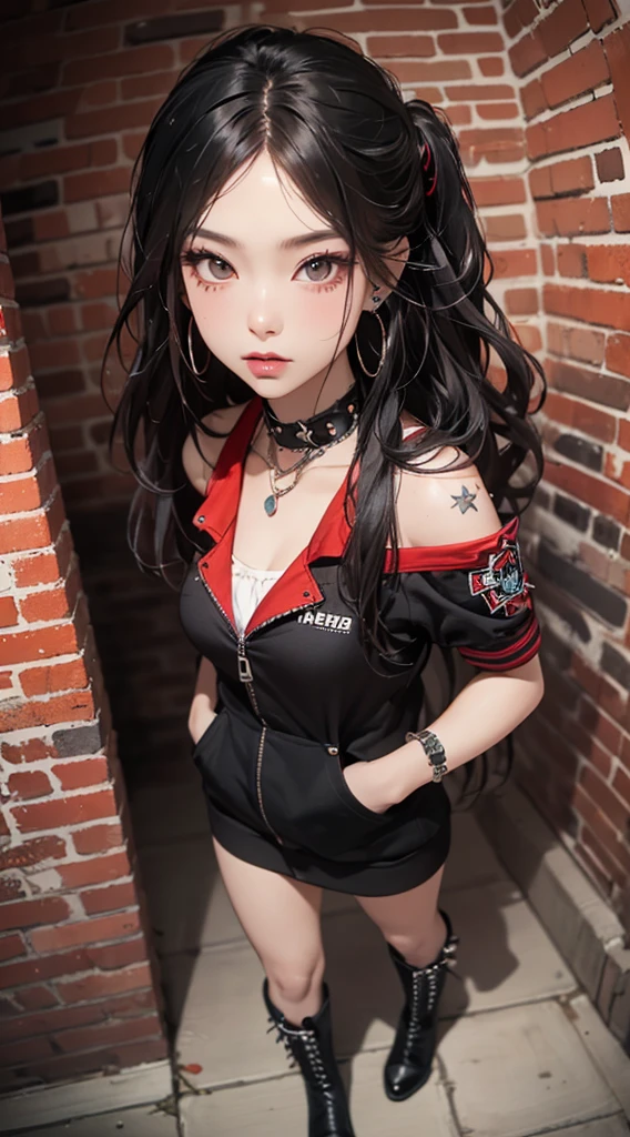 (((8k wallpaper of extremely detailed CG unit:1.2, masterpiece, hight resolution:1.2, top-quality:1.2, masutepiece))), ((a very beautiful woman, Ear-piercing, Hands in pockets:1.8, punk fashion:1.5, Wearing boots:1.3)), ((extra detailed face, Highly detailed black eyes, extra detailed body, Top quality real texture skins)), (A dark-haired:1.2, straight haired:1.2, The long-haired, de pele branca, Big:1.2, exposed shoulder), ((Alley without people, Mileland, Brick wall, natta)), (high-angle:1.1, a closeup, Fisheye:1.4), hyper realisitic, digitial painting,