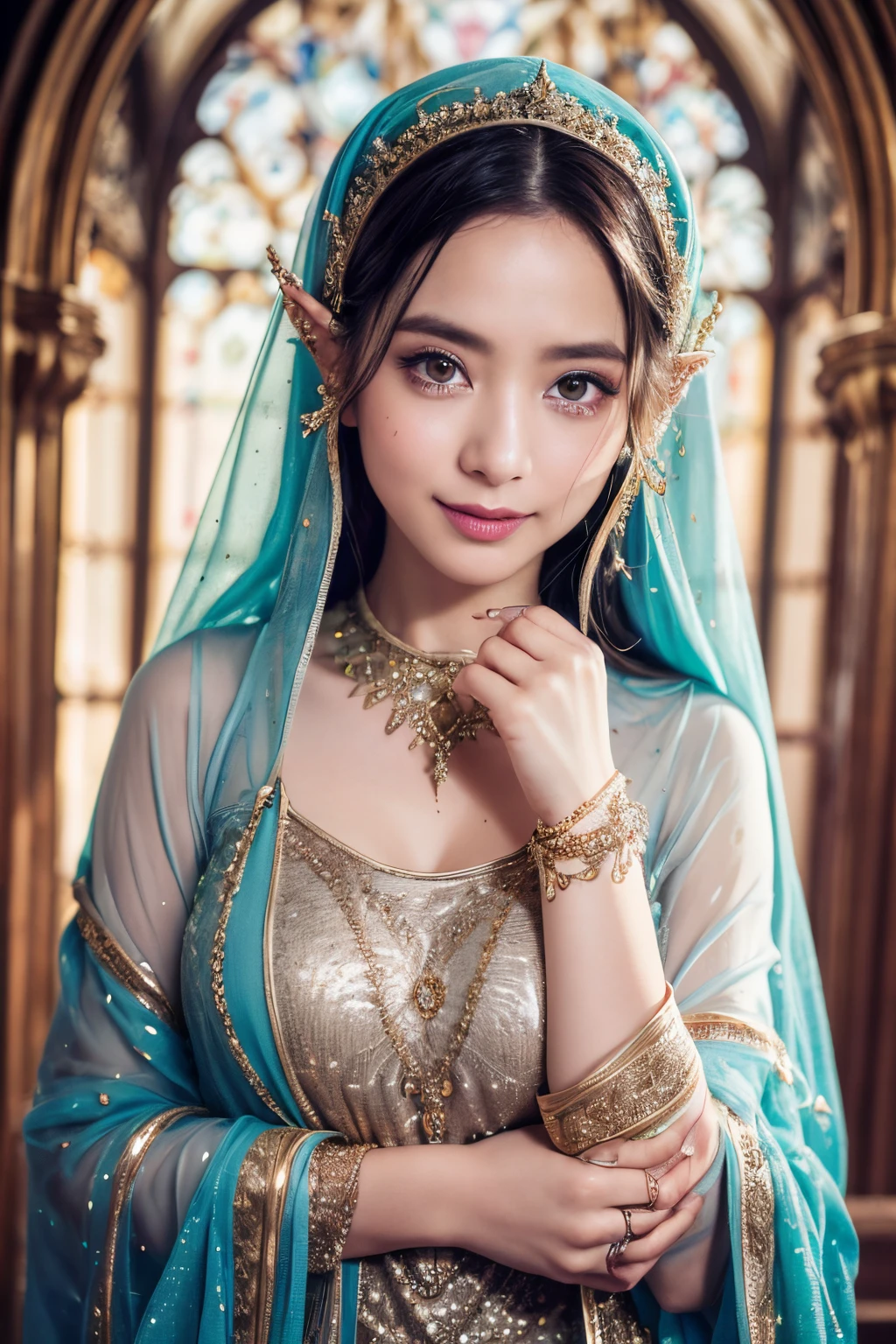 surrealism, sweet girl of pleasant appearance, elvish, happy smile, tears of happiness, beautiful modest clothes, burning eyes, very beautiful facial features, extraordinary beauty, hyperdetalization, mysticism,fantasy, mythology,glitter, glitter,professional photo, beautiful, symmetry, 3d, realistic,1024k, high resolution, high detail,cgi, hyperrealism, f/16, 1/100s, huge eyes, sly look, 4k, aesthetically pleasing, f/2.8, 1/250s, 30mm lens, ISO 100 777