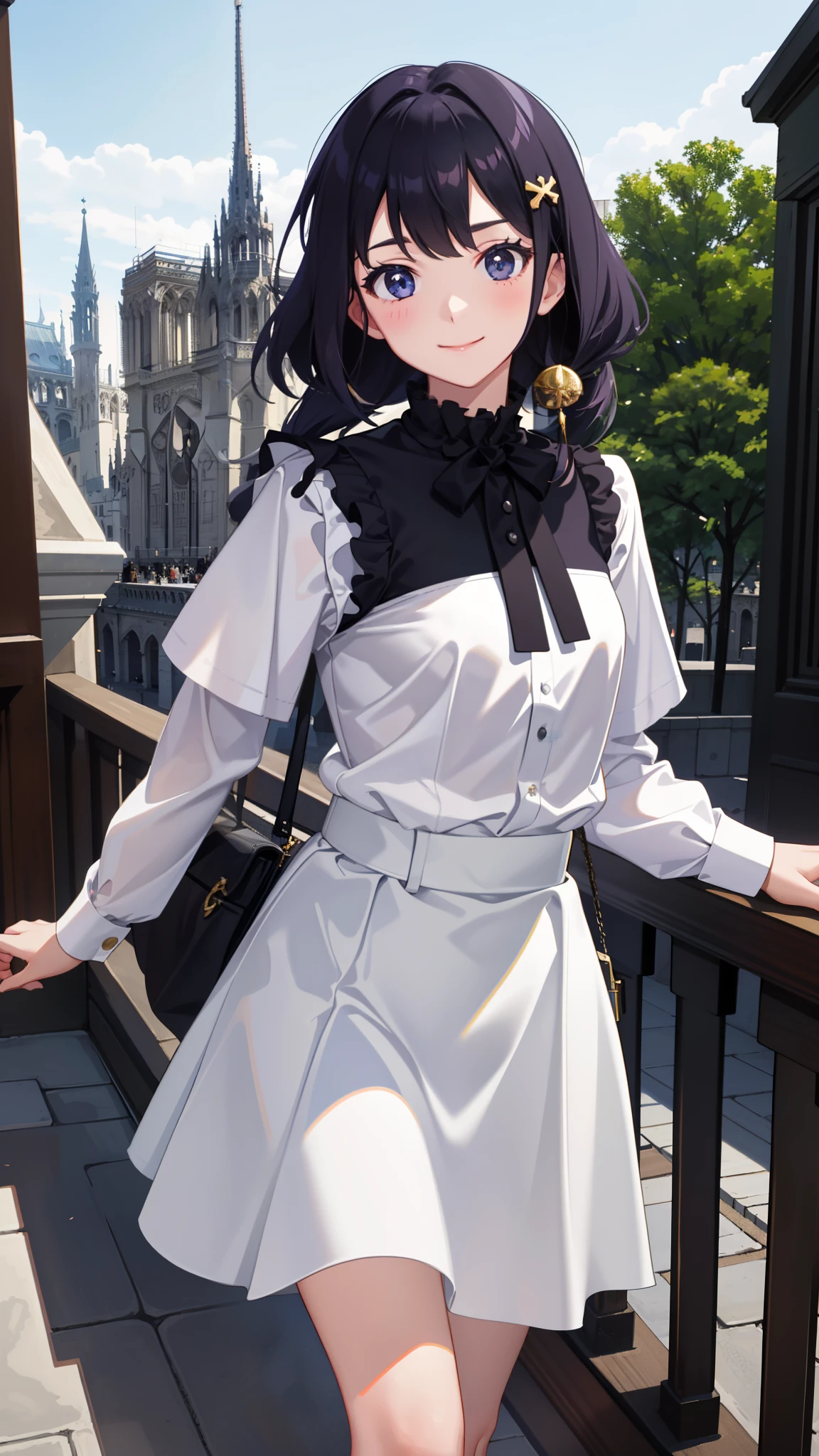 1girl in、notre dame、imagem 4k、A smile、The shirt、Blouse、（paler）skirt by the、poneyTail、（small tits）Chilarism、movement、