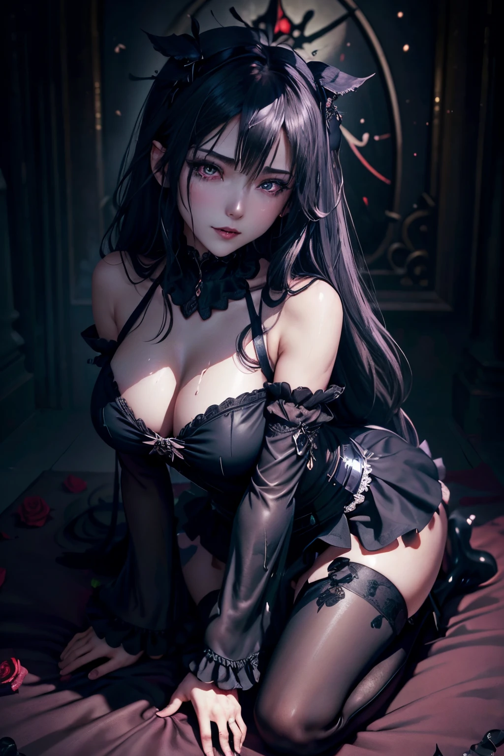 Hard Dark Gothic Makeup、Maniacal、Deep night sky、horor、Black Dark Eyeshadow、crying how bright、mourn、Good skin luster、Long hair straight hair、Dark Gothic Makeup、Dark smile、Restless Palace、Expressions of sexual arousal、Fragrant beauty、22year old、Lying、seductiv、Strong sexual pleasure facial expressions、A look of shame、Dark Gothic、Gothic lolita、bell sleeves、Wizard Sleeve、Obscene look、Stained glass background、masutepiece、Best Quality、Refers to 5 books、Sweat glitters on my chest、Expression of sexual pleasure in anguish、Drunken face、maid clothes、Mysterious、noble、Face holding back the toilet、Flirty gothic loli clothes、the body is wet and shiny、Transcendent sex appeal、open your legs sloppily、Lots of glitter on the thighs、I'm sweating a lot、Affectionate smile、twin-tail hair、Platinum blonde hair、my thighs are extremely wet、Jet black ruffled skirt、Shaded、Blue eyes on the right, red eyes on the left、Gothic bed covered with roses、Transcendent Bewitching Pose、all fours pose、Gravure photography、arch your back、stick out buttocks、Close your eyes and sleep、Pose、crawl on all fours、doggy style pose on bed、knee high socks、thigh-high socks、Sticky and profuse sweat on the thighs、Tons of sticky shiny thighs、Sweat shining generously on the thighs、The whole body is shiny with sweat、Glamour、A sexy、platform heel shoes、Quite sweaty、My thighs are sweaty、mysterious dark makeup、Chest size is modest、black lipstick、Heavy dark gothic long dress、Thighs are glamorous、